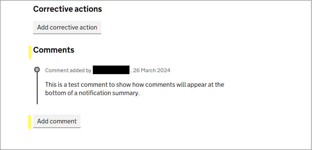 What the notification comments section looks like with a comment